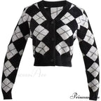 Plaid Black White Knitted Cardigan