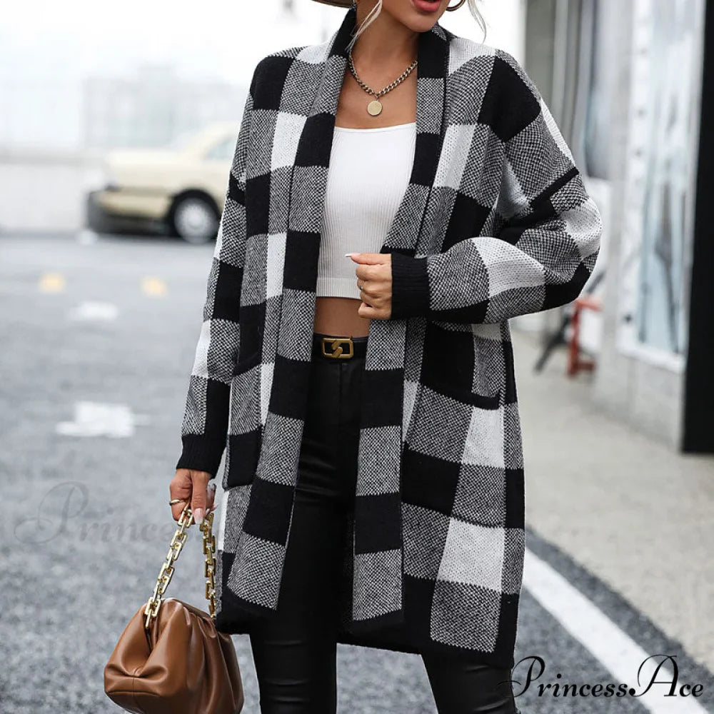 Plaid Knitted Cardigan