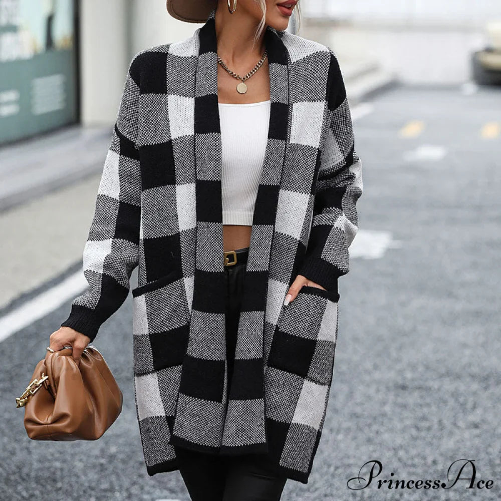 Plaid Knitted Cardigan