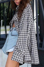 Plaid Lantern Sleeve Long Blouse with Drop Shoulder