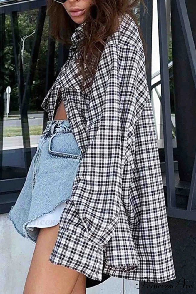 Plaid Lantern Sleeve Long Blouse with Drop Shoulder
