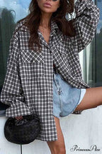 Plaid Lantern Sleeve Long Blouse with Drop Shoulder