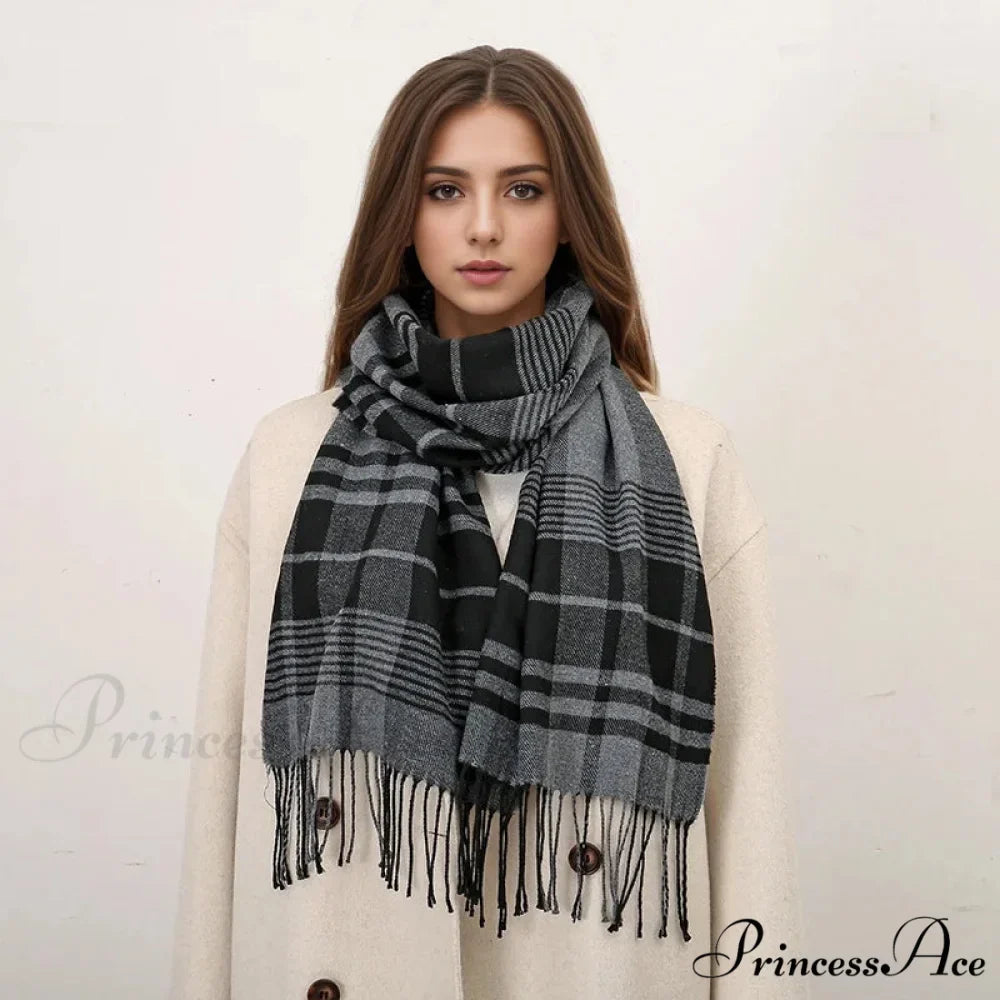 Plaid Print Cashmere Winter Pashmina Scarf with Tassels