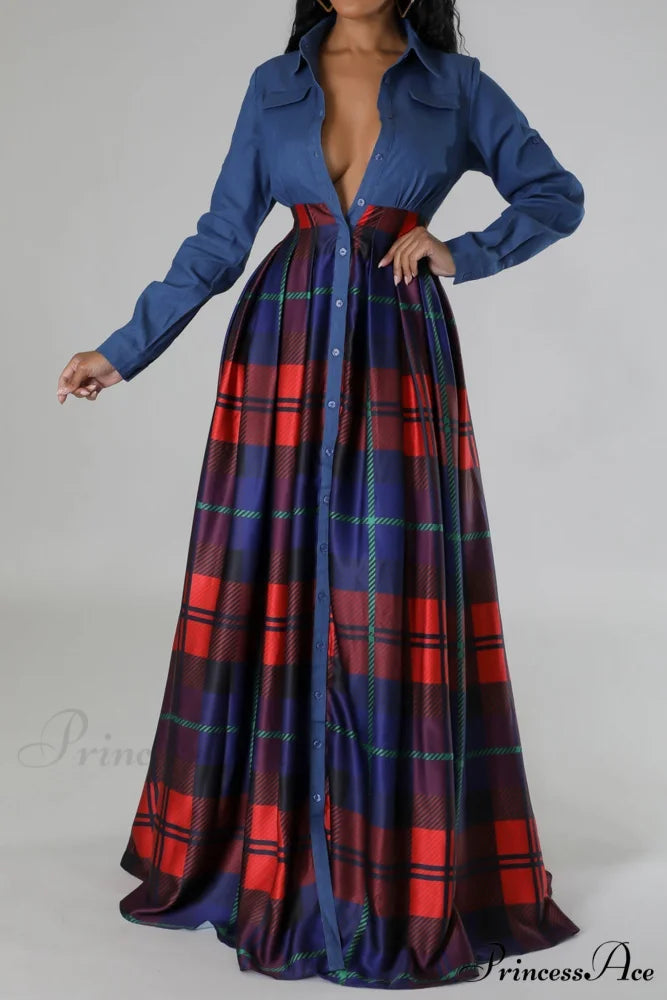 Plaid Printed Shirt Dress with Lapel