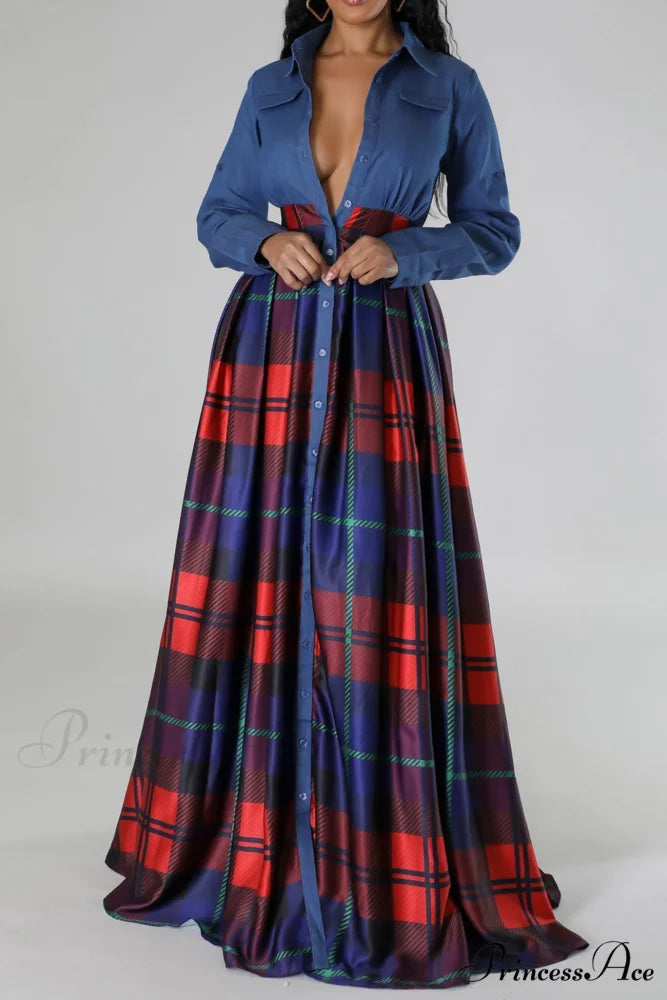 Plaid Printed Shirt Dress with Lapel