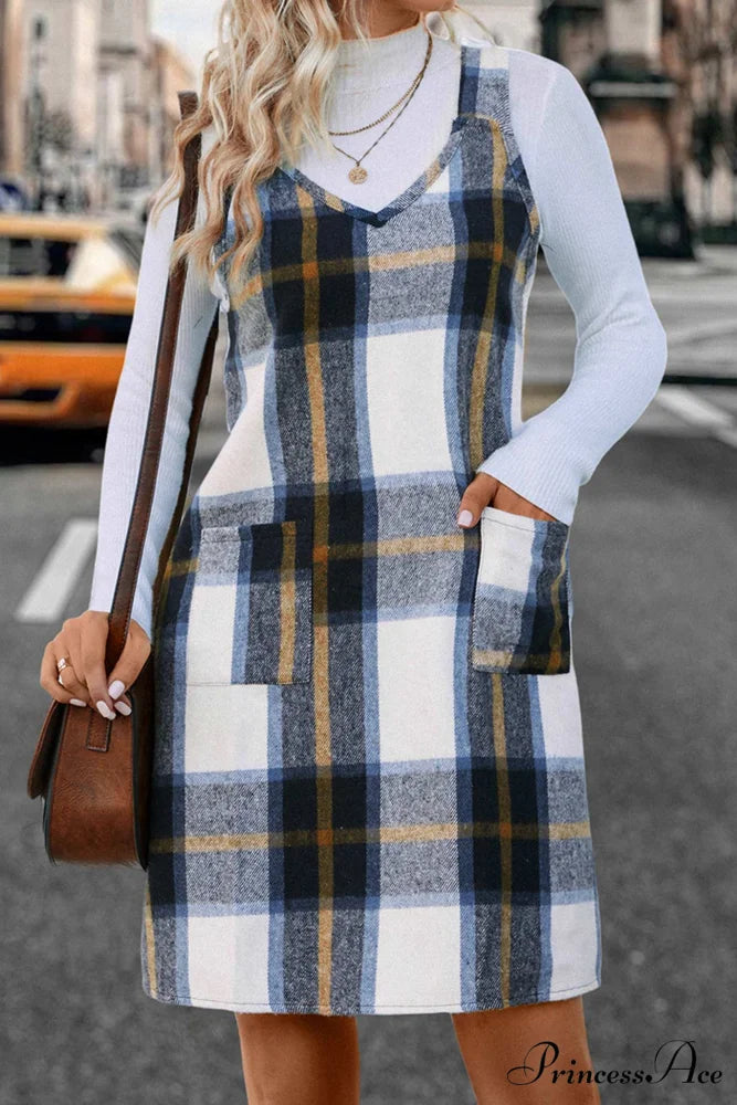 Plaid Tank Dress with V Neck