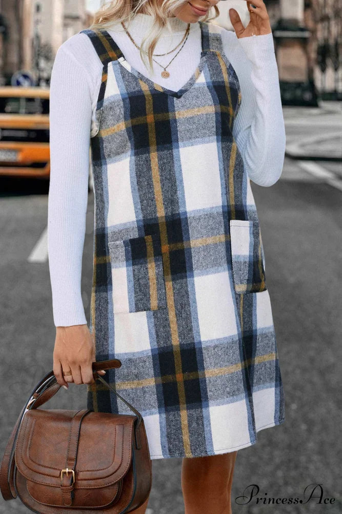 Plaid Tank Dress with V Neck