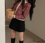Plaid Tweed Retro Red O-Neck Cardigan