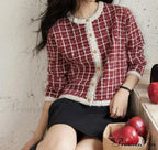 Plaid Tweed Retro Red O-Neck Cardigan