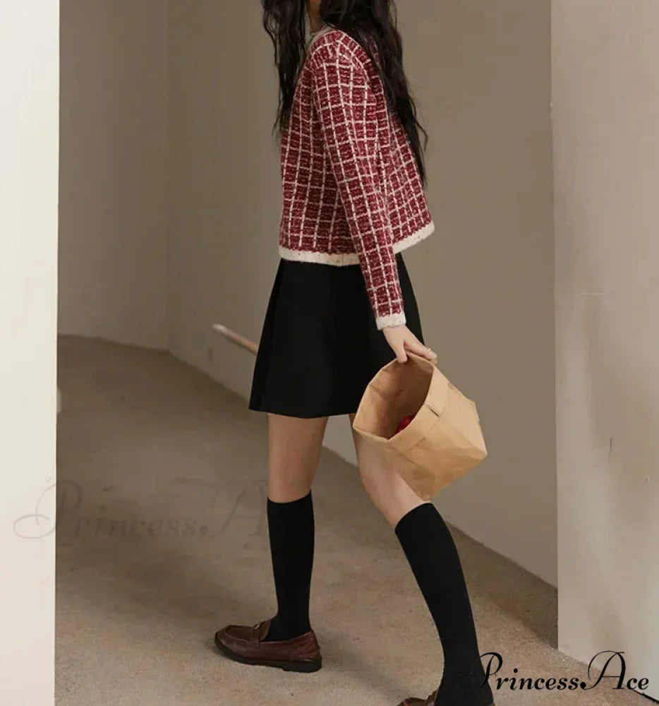 Plaid Tweed Retro Red O-Neck Cardigan