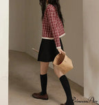 Plaid Tweed Retro Red O-Neck Cardigan