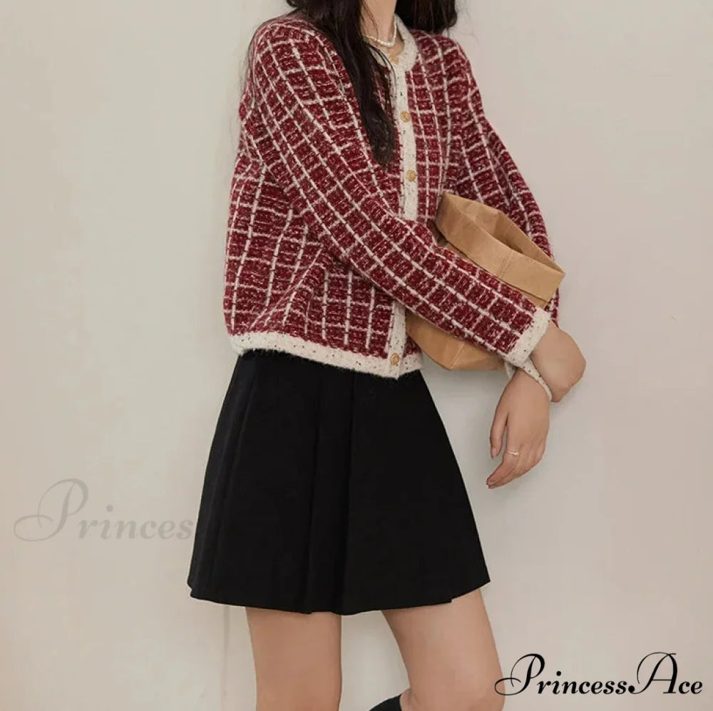 Plaid Tweed Retro Red O-Neck Cardigan