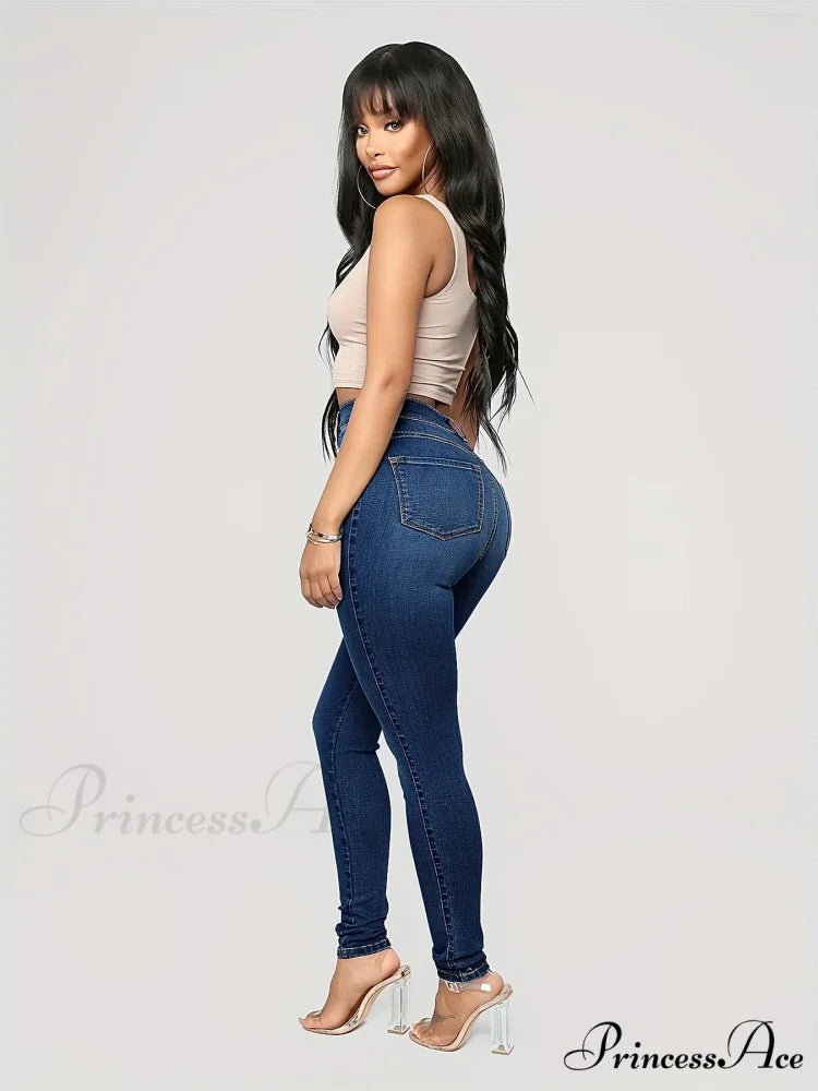 Plain High Waist Skinny High Rise Slim Fit Slash Pockets Casual Denim Jean