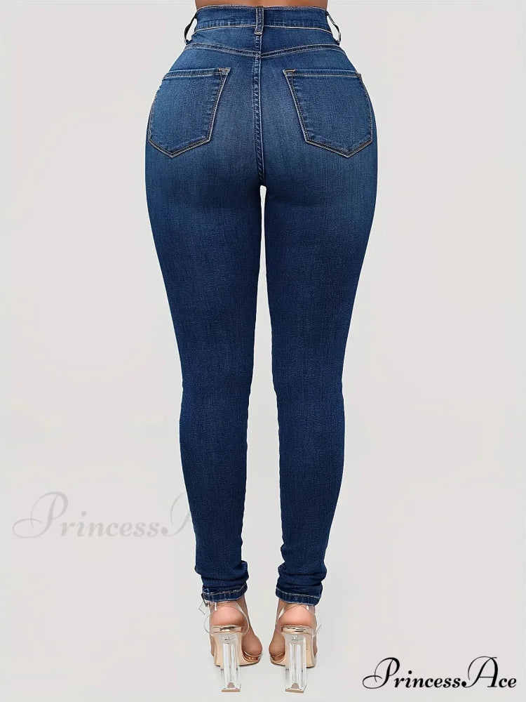Plain High Waist Skinny High Rise Slim Fit Slash Pockets Casual Denim Jean