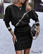 Plain Rhinestone Cold Shoulder Long Sleeve Casual Mini Pencil Dress