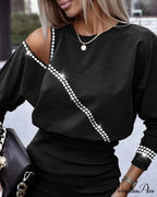 Plain Rhinestone Cold Shoulder Long Sleeve Casual Mini Pencil Dress