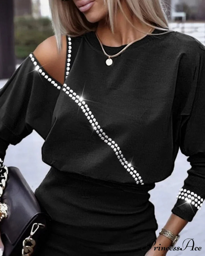 Plain Rhinestone Cold Shoulder Long Sleeve Casual Mini Pencil Dress