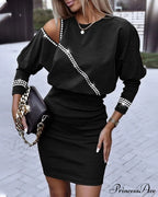 Plain Rhinestone Cold Shoulder Long Sleeve Casual Mini Pencil Dress