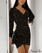 Plain V-Neck Glitter Long Sleeve Ruched Bodycon Evening Mini Dress
