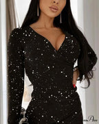 Plain V-Neck Glitter Long Sleeve Ruched Bodycon Evening Mini Dress