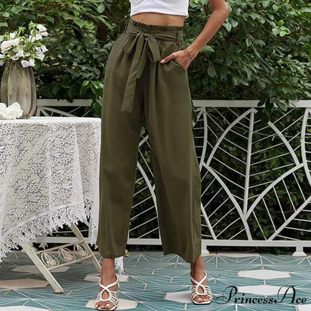 Pleated Cotton Linen Trousers with Ribbon Belt