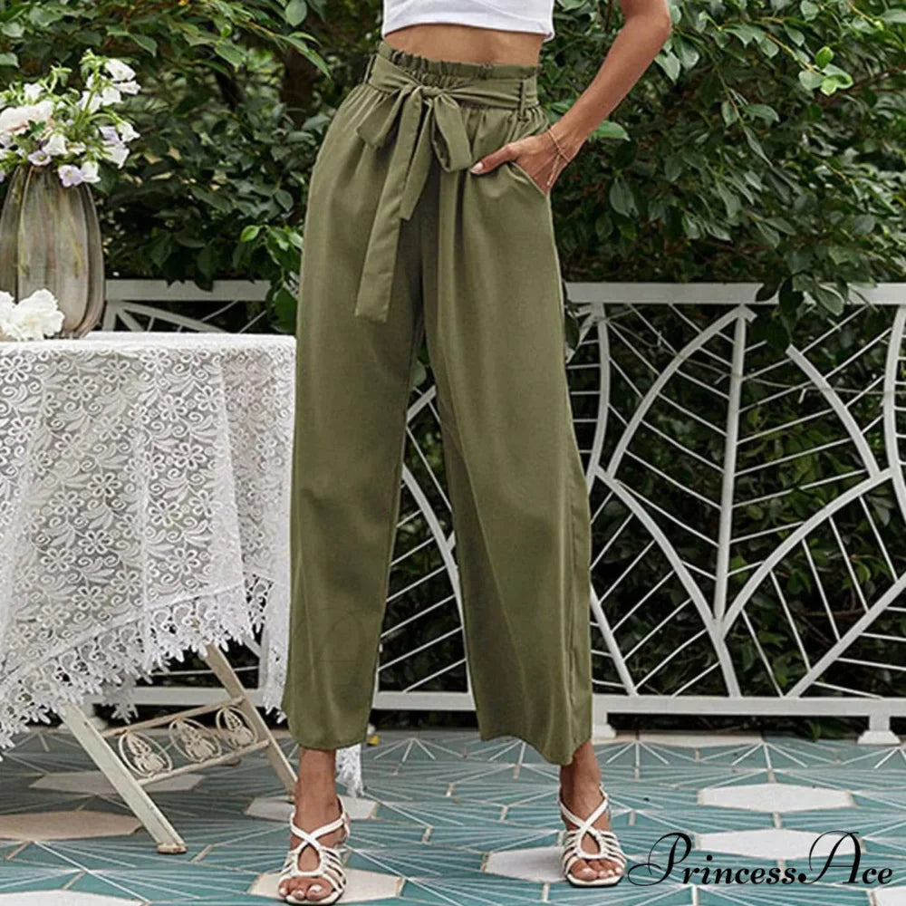 Pleated Cotton Linen Trousers with Ribbon Belt
