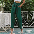 Pleated Cotton Linen Trousers with Ribbon Belt