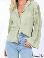 Pleated Deep-neck Button-Up Top