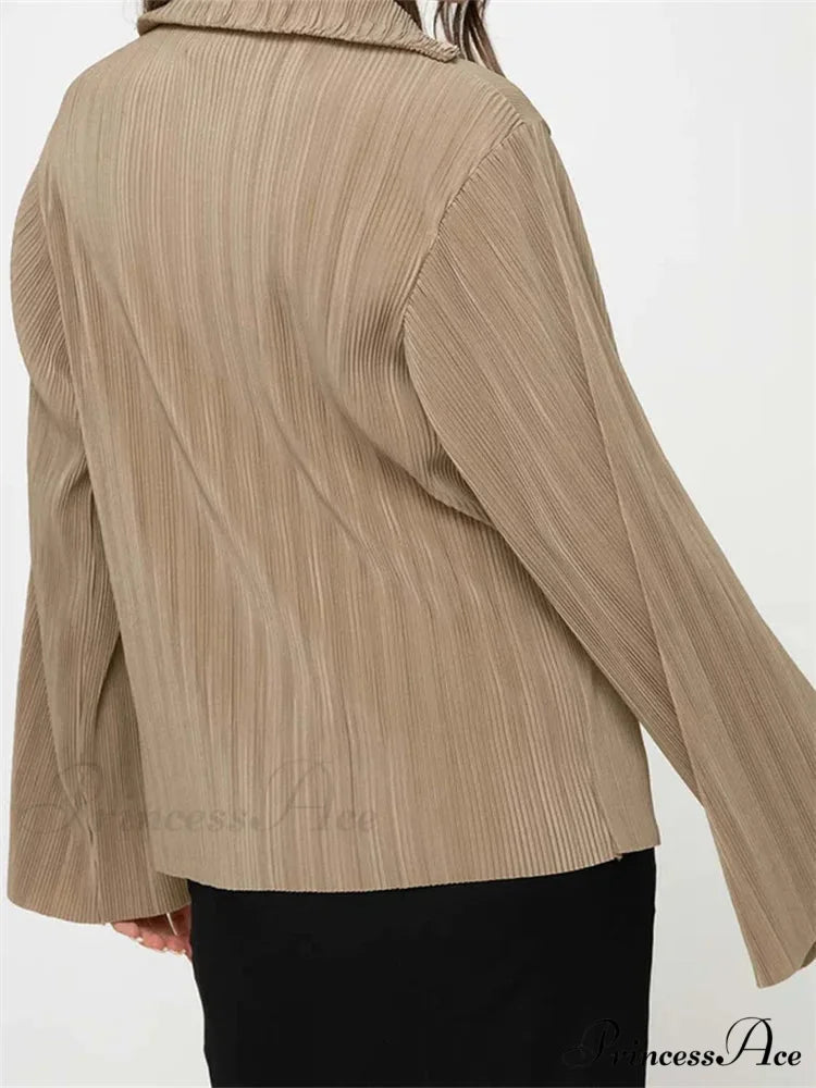 Pleated Deep-neck Button-Up Top