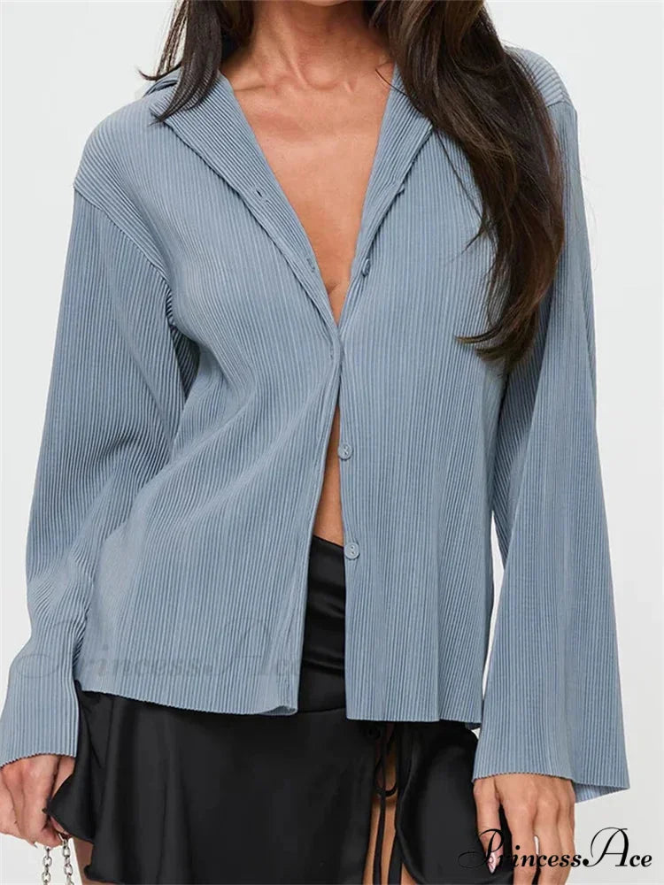 Pleated Deep-neck Button-Up Top