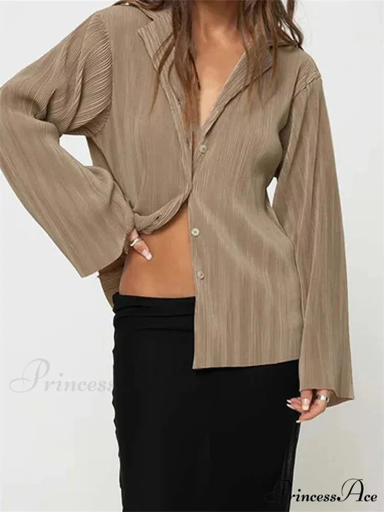 Pleated Deep-neck Button-Up Top