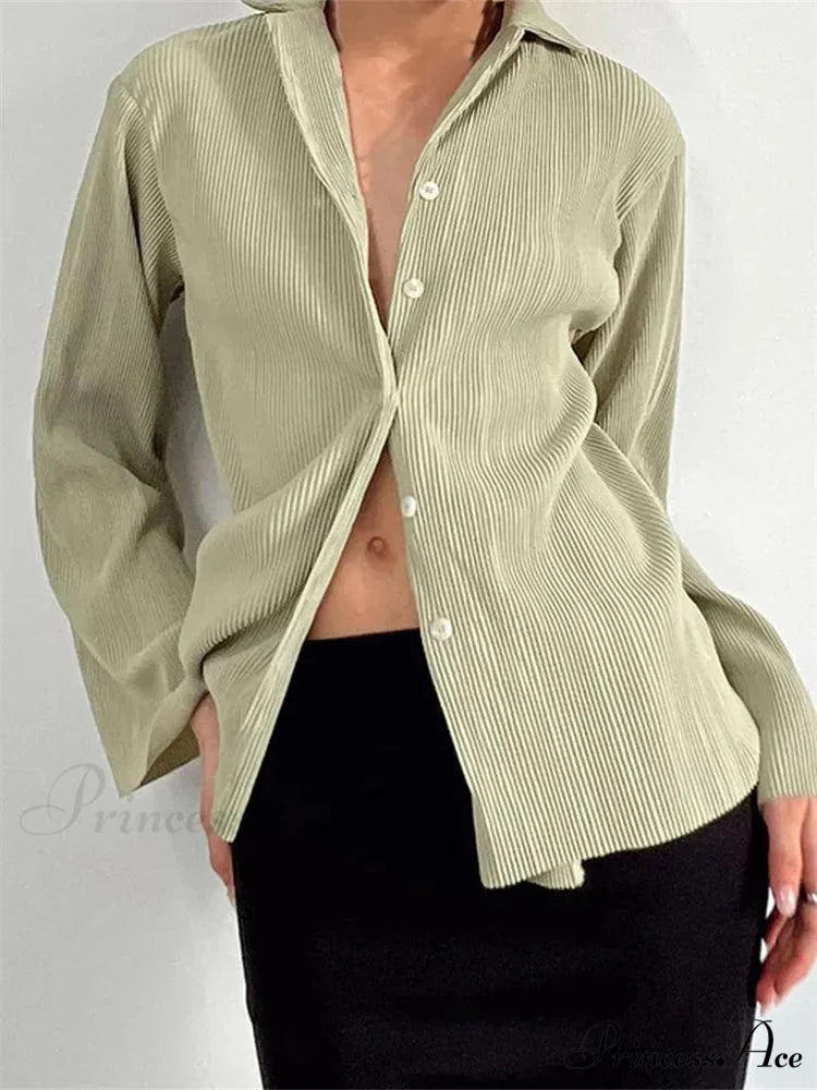 Pleated Deep-neck Button-Up Top