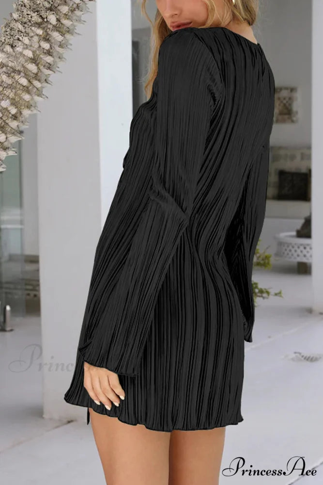 Pleated Flares Sleeve Mini Dress with Tie-up