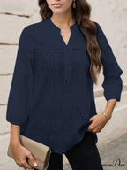 Pleated Lace Insert V-neck 3/4 Sleeve BlouseModified Title: Folded Lace Insert V-neck Three-Quarter Sleeve Top