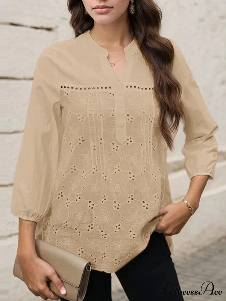 Pleated Lace Insert V-neck 3/4 Sleeve BlouseModified Title: Folded Lace Insert V-neck Three-Quarter Sleeve Top
