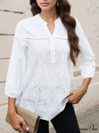 Pleated Lace Insert V-neck 3/4 Sleeve BlouseModified Title: Folded Lace Insert V-neck Three-Quarter Sleeve Top