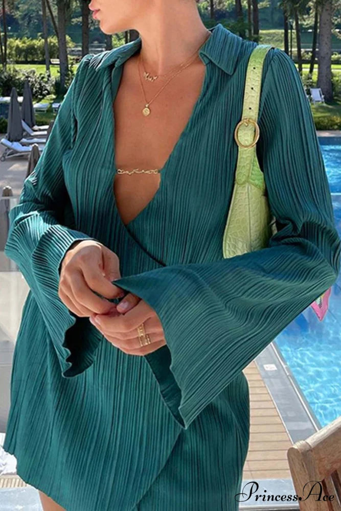 Pleated Lapel Mini Dress with Low Cut