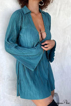 Pleated Lapel Mini Dress with Low Cut