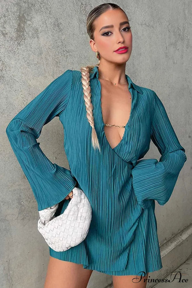 Pleated Lapel Mini Dress with Low Cut