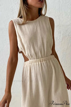 Pleated Tank Dress with Single-breasted Closure and Bare Waist