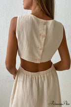 Pleated Tank Dress with Single-breasted Closure and Bare Waist