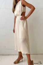 Pleated Tank Dress with Single-breasted Closure and Bare Waist