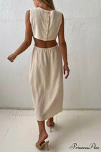 Pleated Tank Dress with Single-breasted Closure and Bare Waist