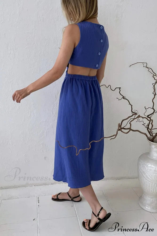 Pleated Tank Dress with Single-breasted Closure and Bare Waist