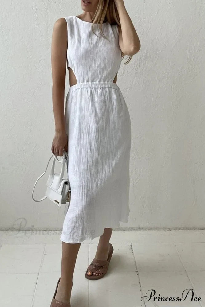 Pleated Tank Dress with Single-breasted Closure and Bare Waist