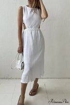 Pleated Tank Dress with Single-breasted Closure and Bare Waist