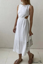 Pleated Tank Dress with Single-breasted Closure and Bare Waist