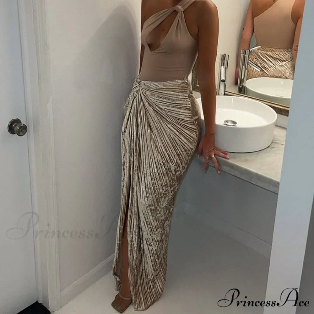 Pleated Velvet High Waist Twist High Split Party Skirt