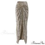Pleated Velvet High Waist Twist High Split Party Skirt