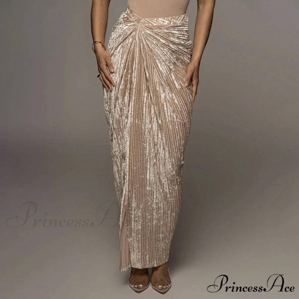 Pleated Velvet High Waist Twist High Split Party Skirt